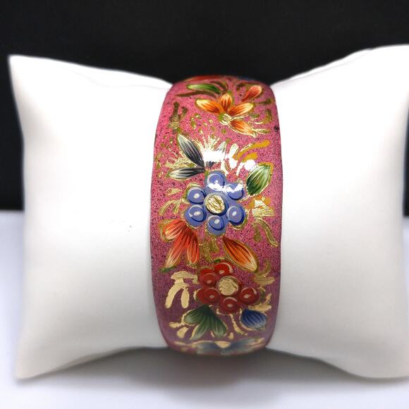 Vintage Floral Enamel Over Copper Cuff Bracelet , Floral Design Gold Trim, 1960 - Picture 1 of 10